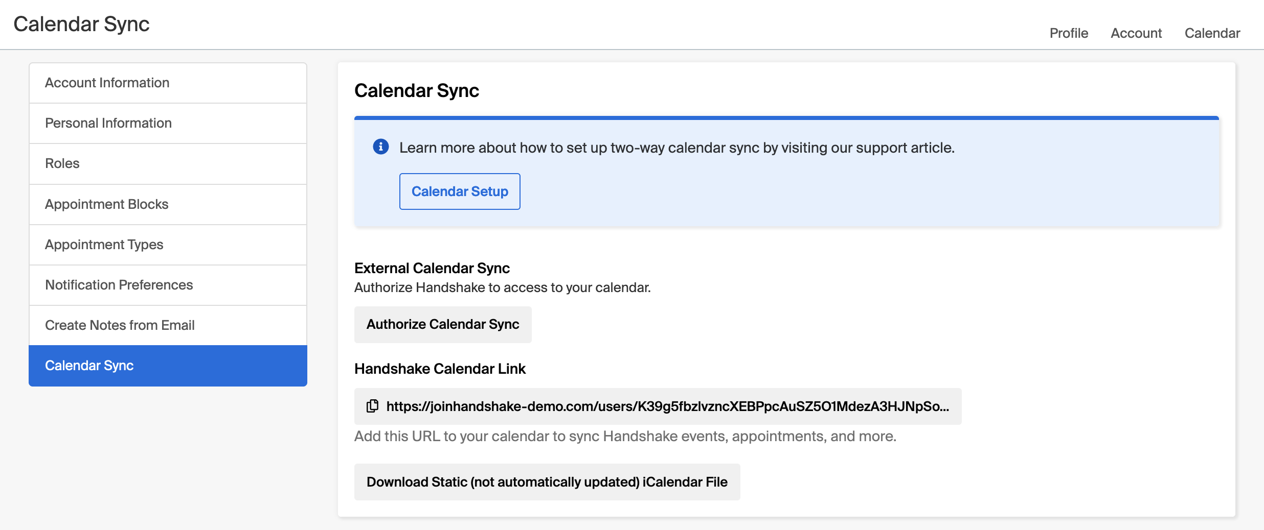 Career Services User Settings TwoWay Calendar Sync Handshake Help