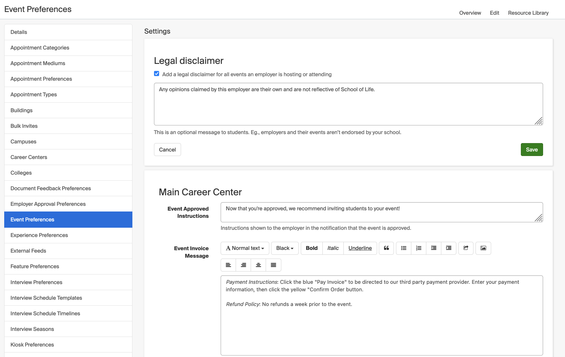 School Settings: Event Preferences – Handshake Help Center