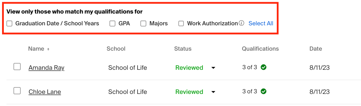 Job candidate preferences filters above candidate table.png