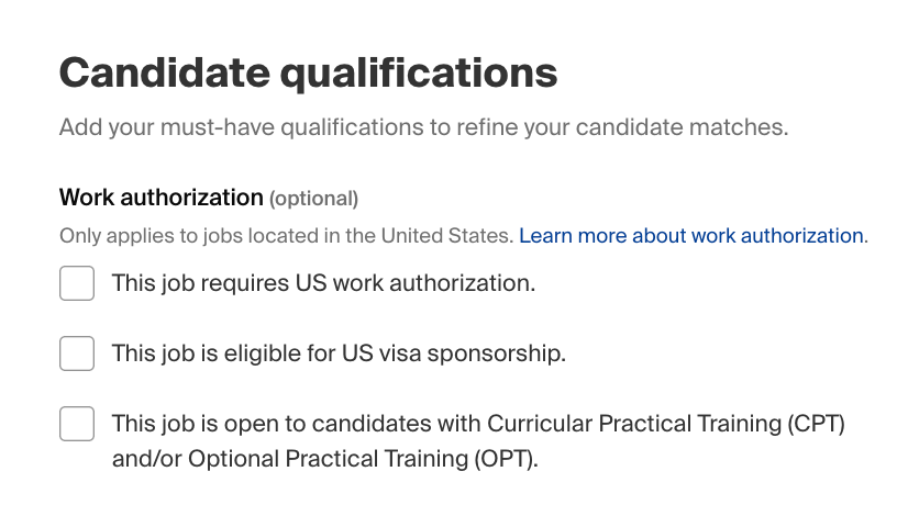 Candidate qualifications section of job form-work authorization question.png