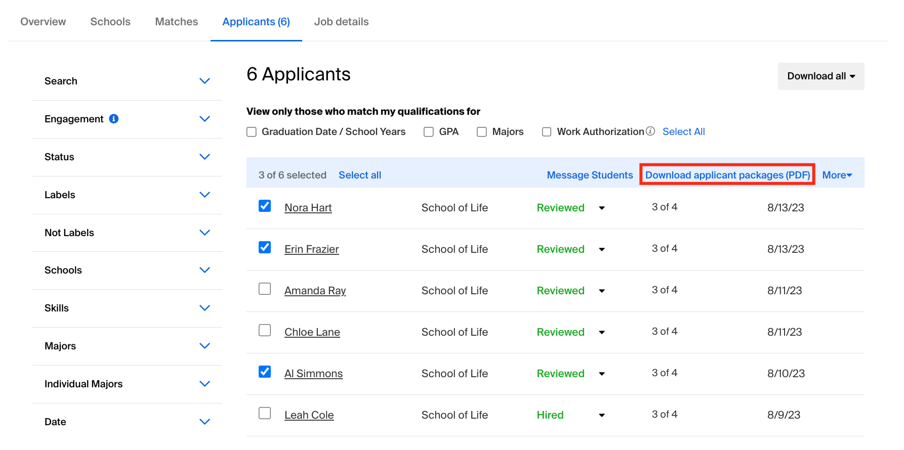 Select students from table, then click 