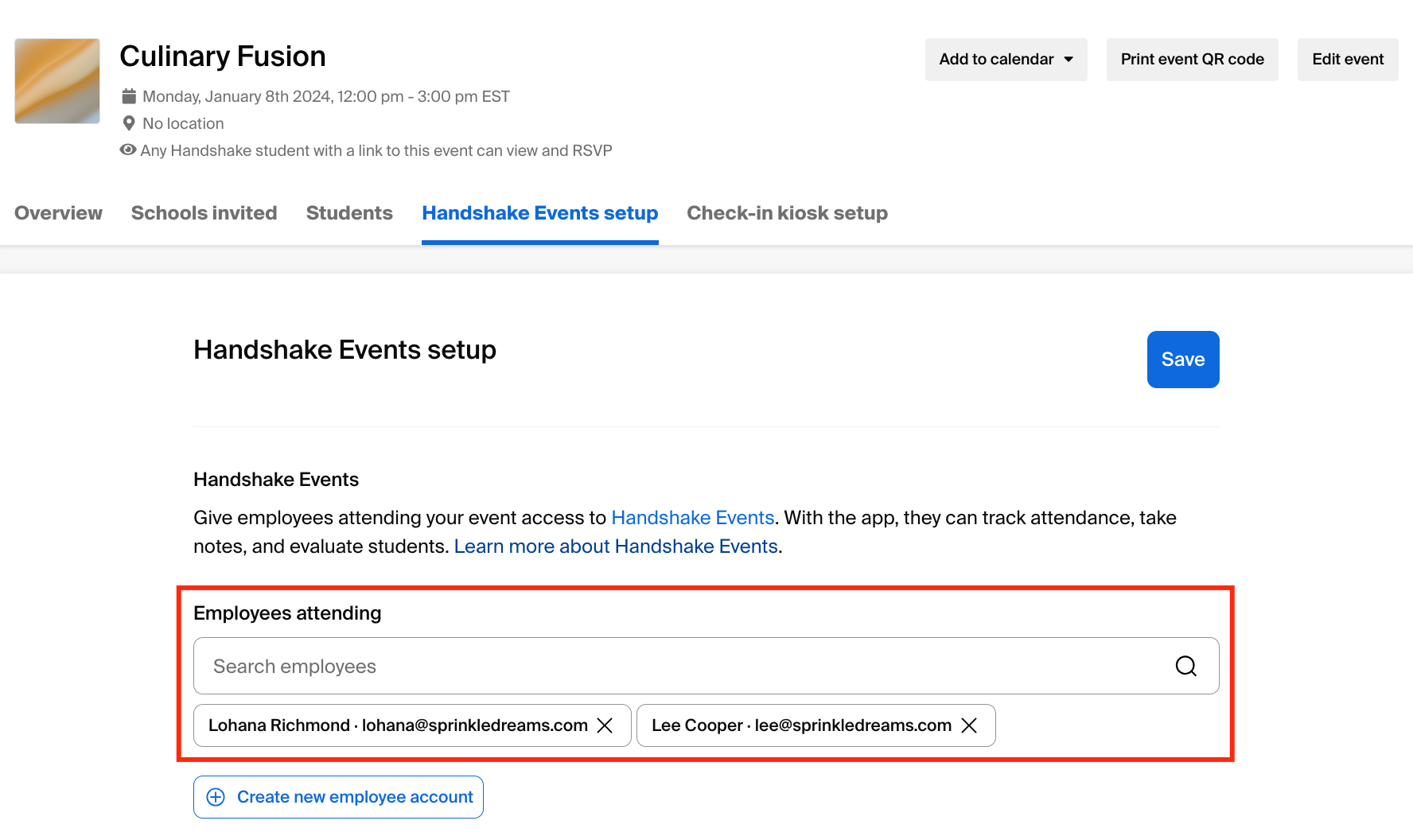 Handshake events tab and employees attending section.png