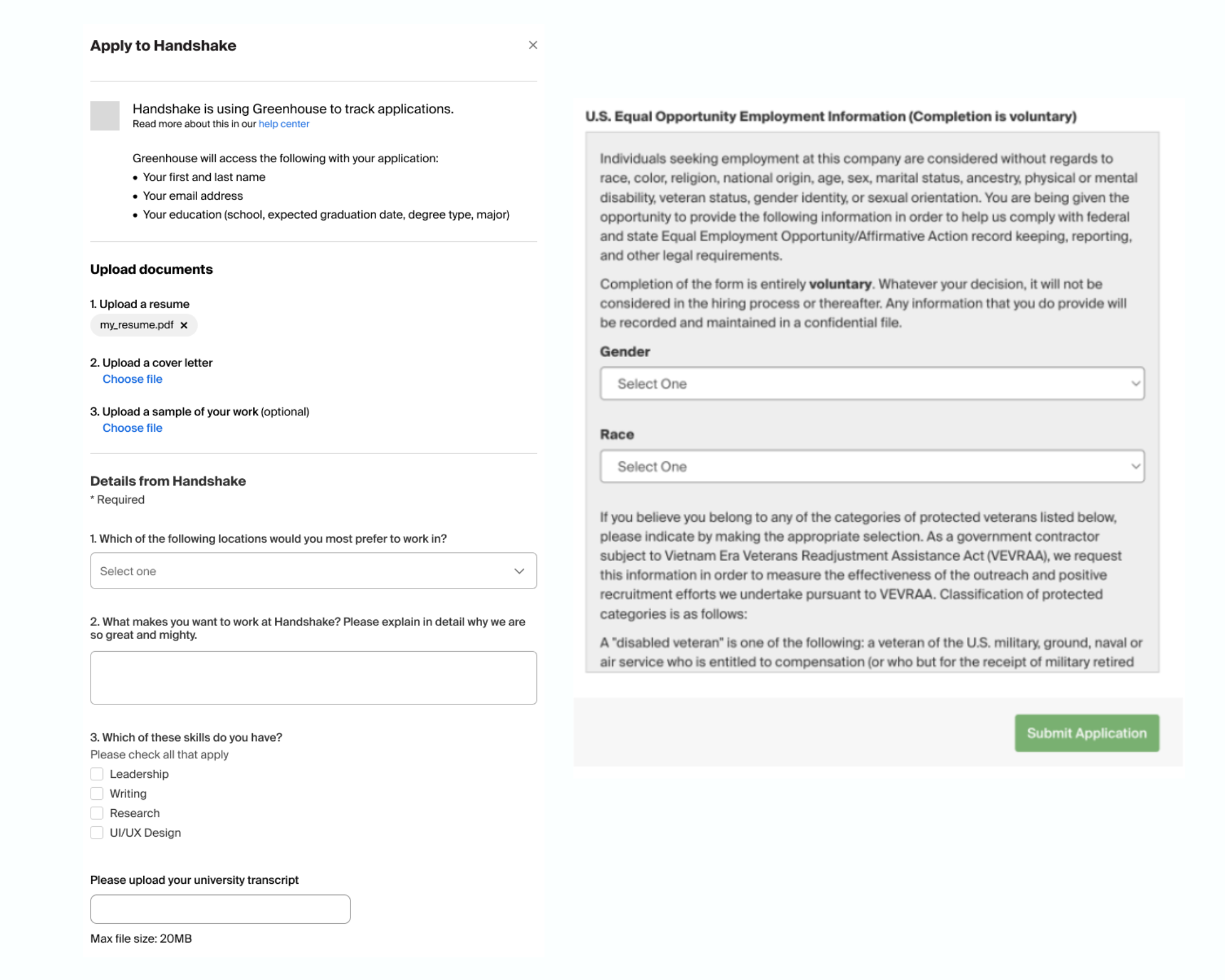 Student application process with custom demographic and attachment type questions.png