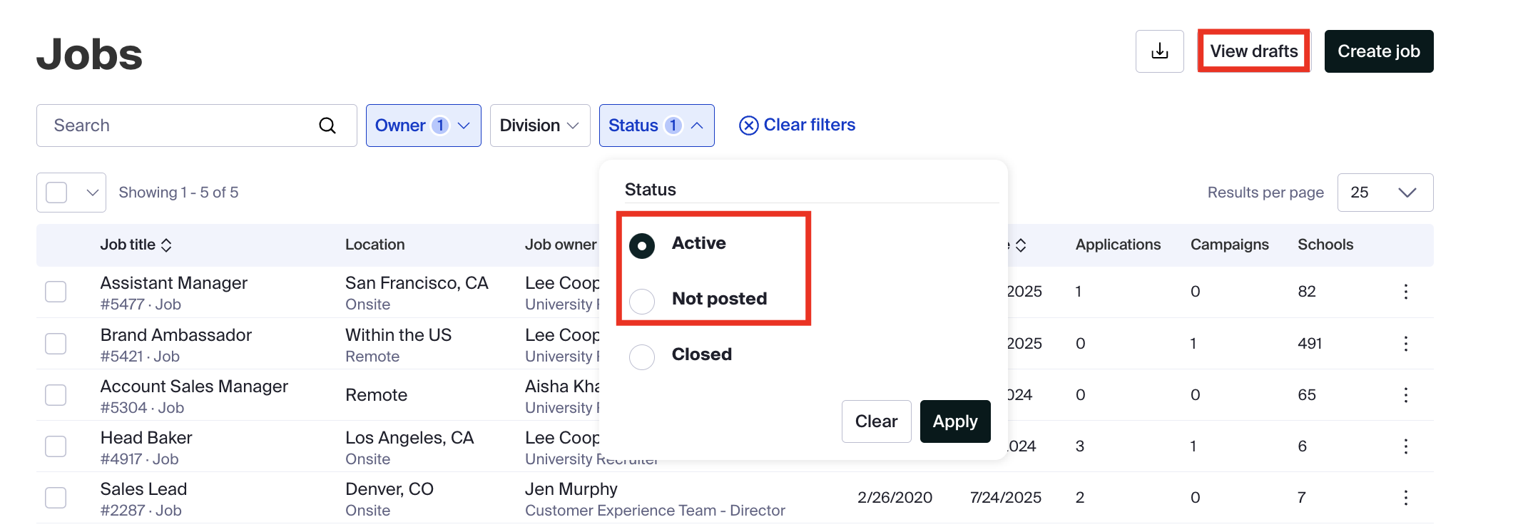 Status and view drafts button on jobs page.png