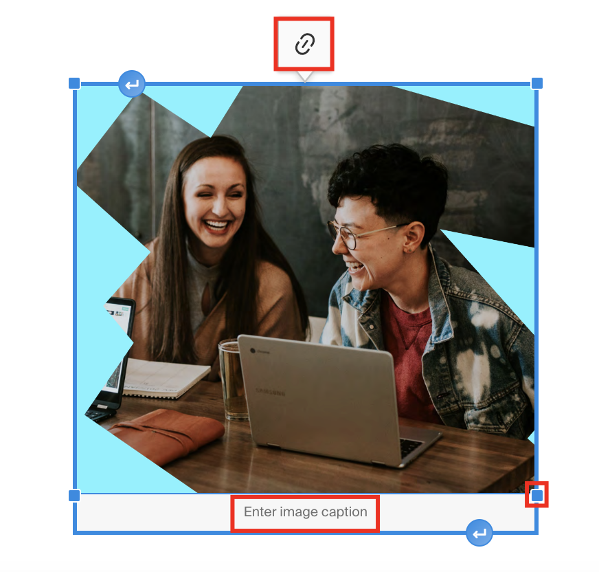 Options to resize, add image caption, and add a link in an inserted image.png