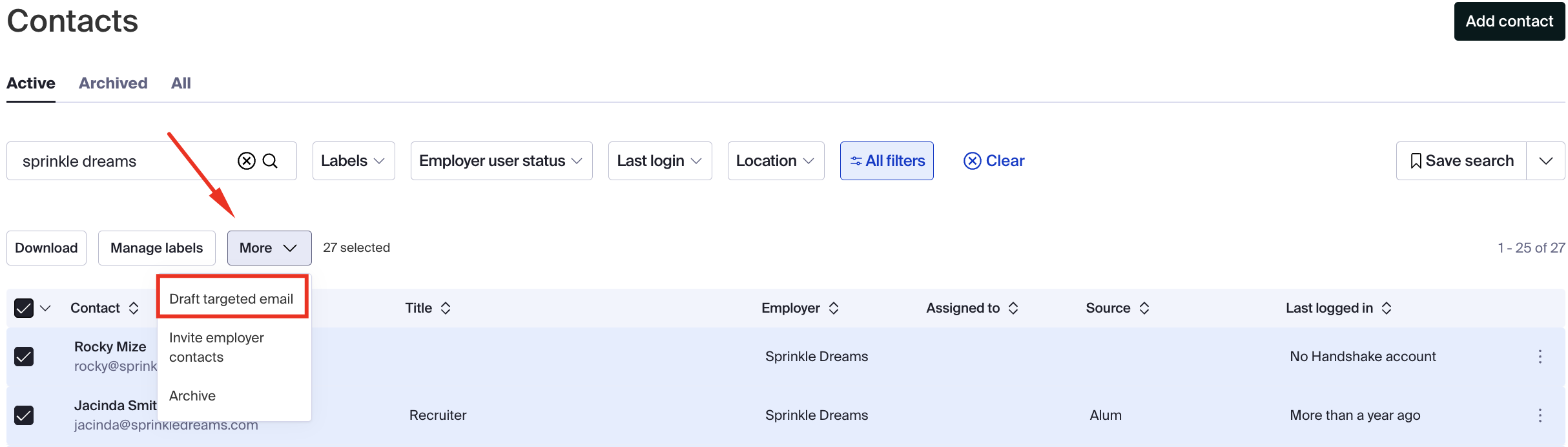 Draft targeted email button on Contacts page.png