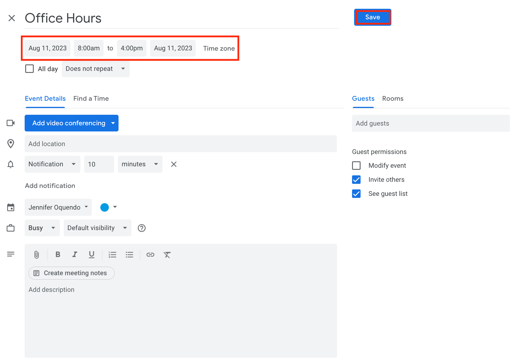 Click the blue button save in Google calendar.png