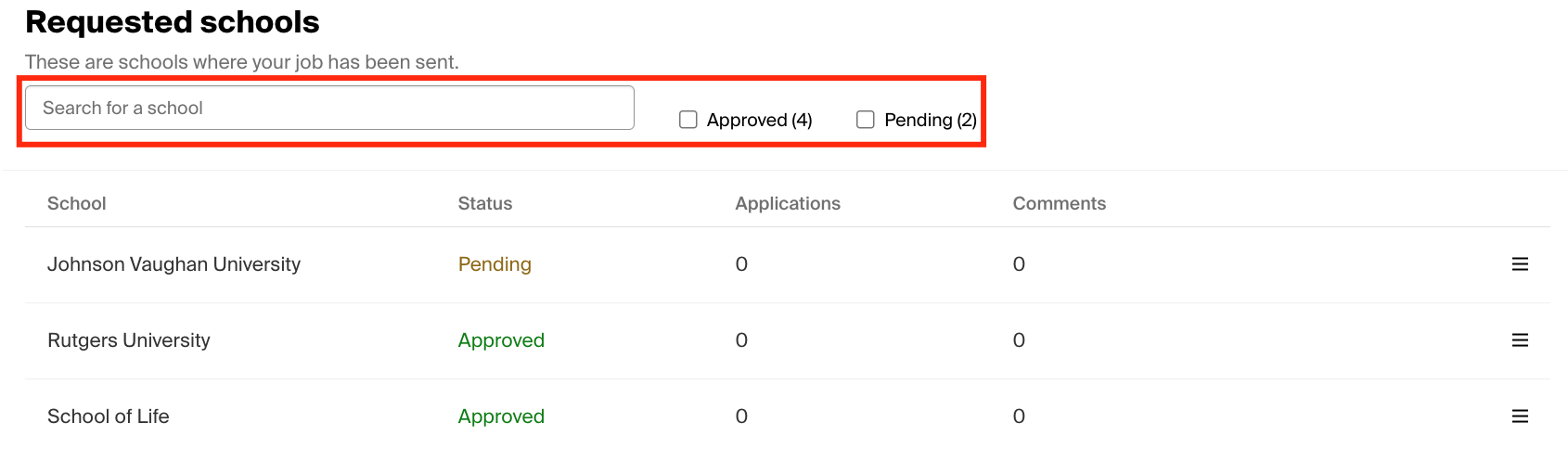 Review the status of your job in the requested schools section .png