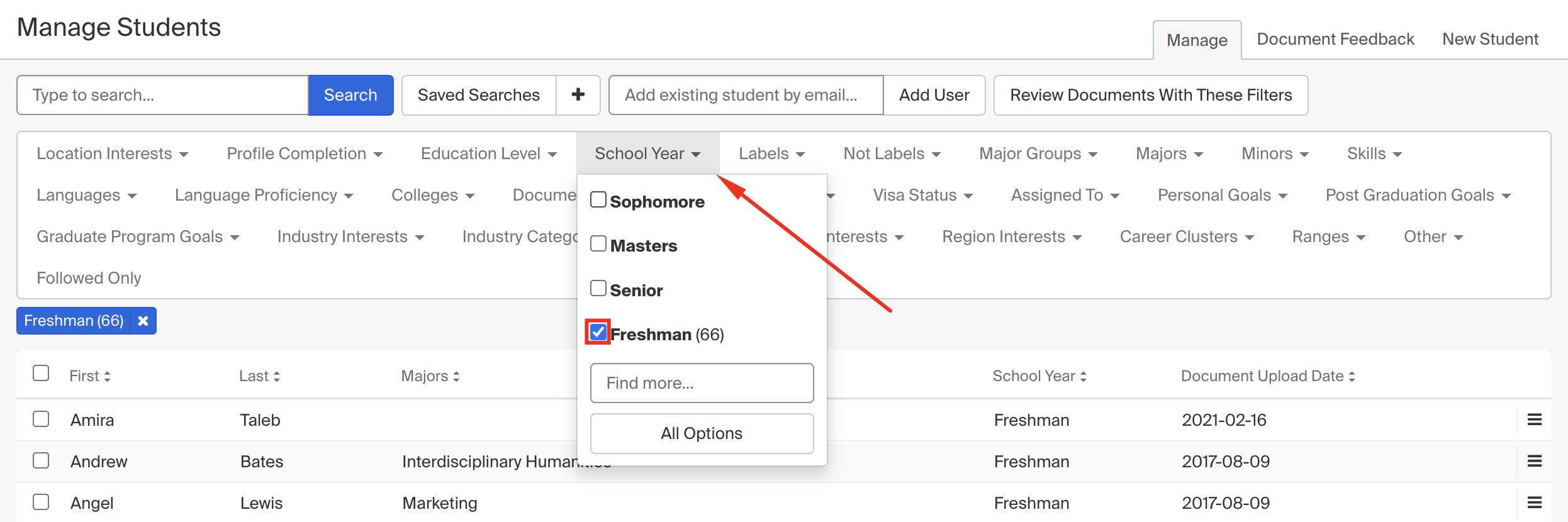 Selecting school year and freshman filters on Manage Students page.png