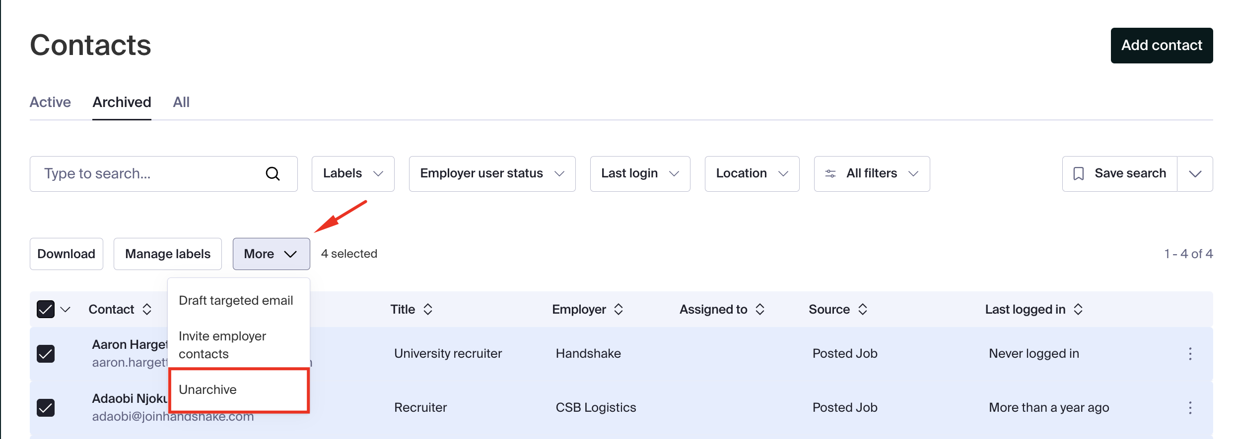 Bulk unarchving contacts using the Unarchive button.png