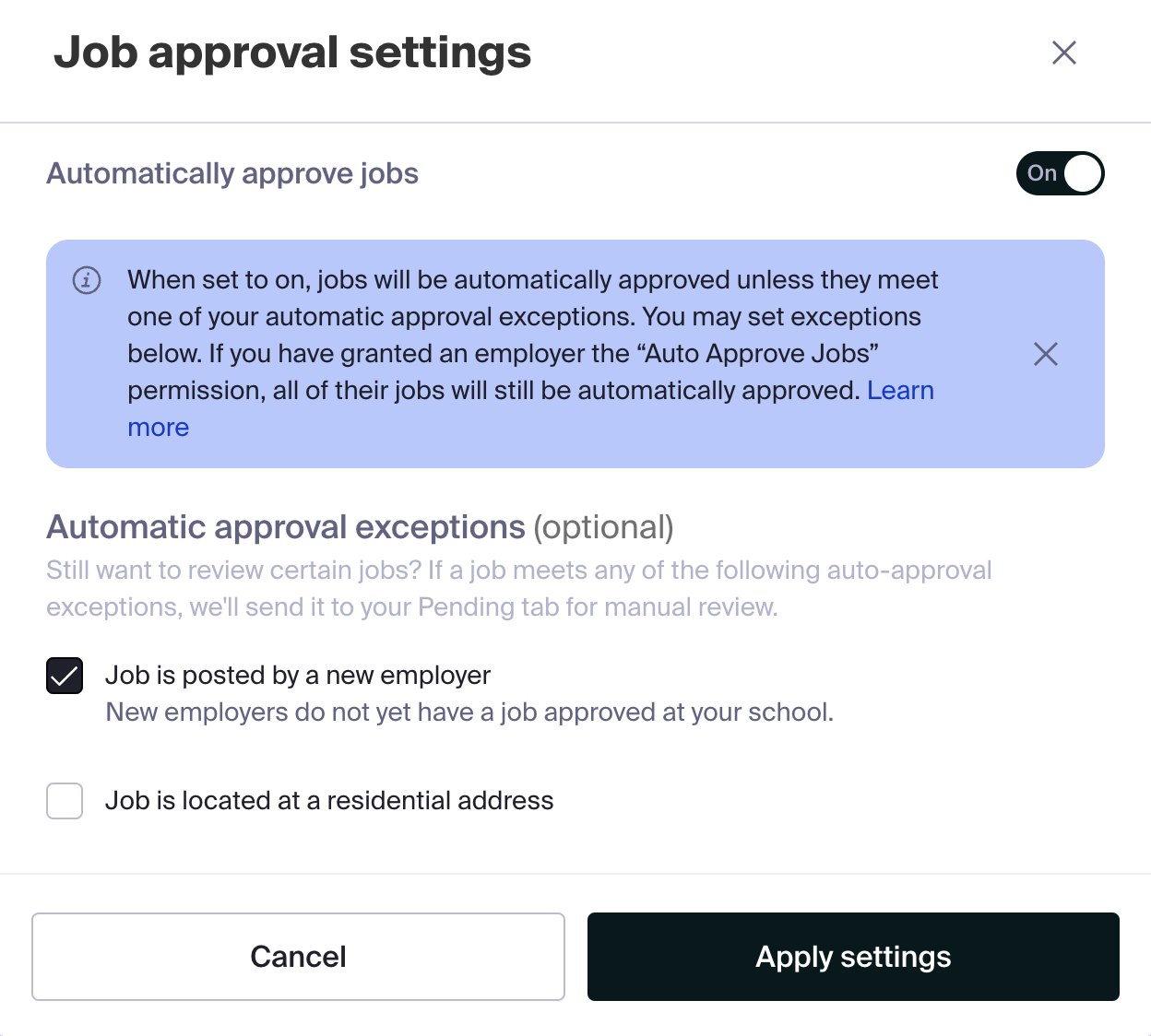Job approval settings showing the new employer option.png