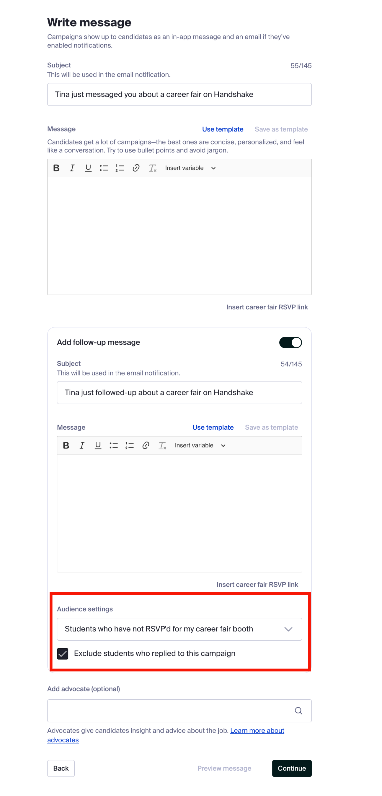 Audience settings in write message section.png