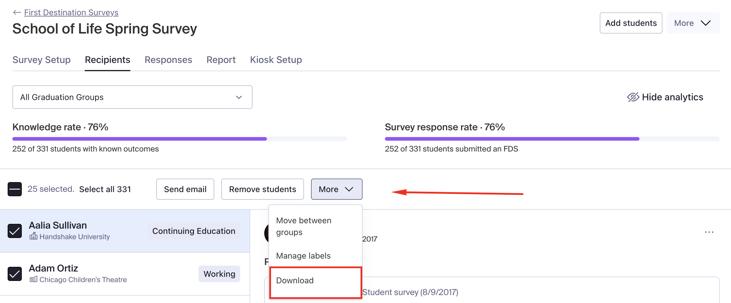 Bulk selecting recipients and the download button.png