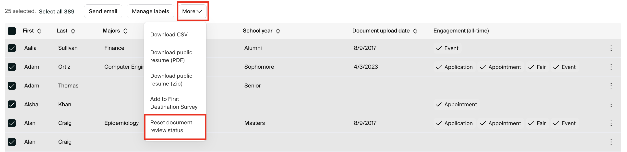 Selecting multiple students, choosing the More option, and resetting document review status.png