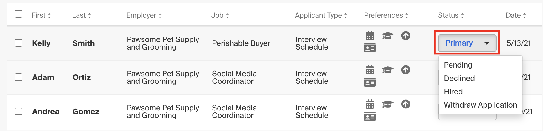 Selecting a status on the applications page.png