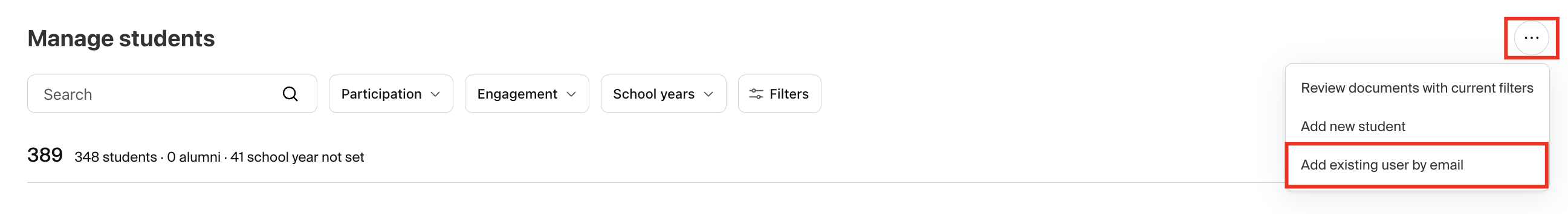 Manage Students page 3 dots and Add existing user by email button.png