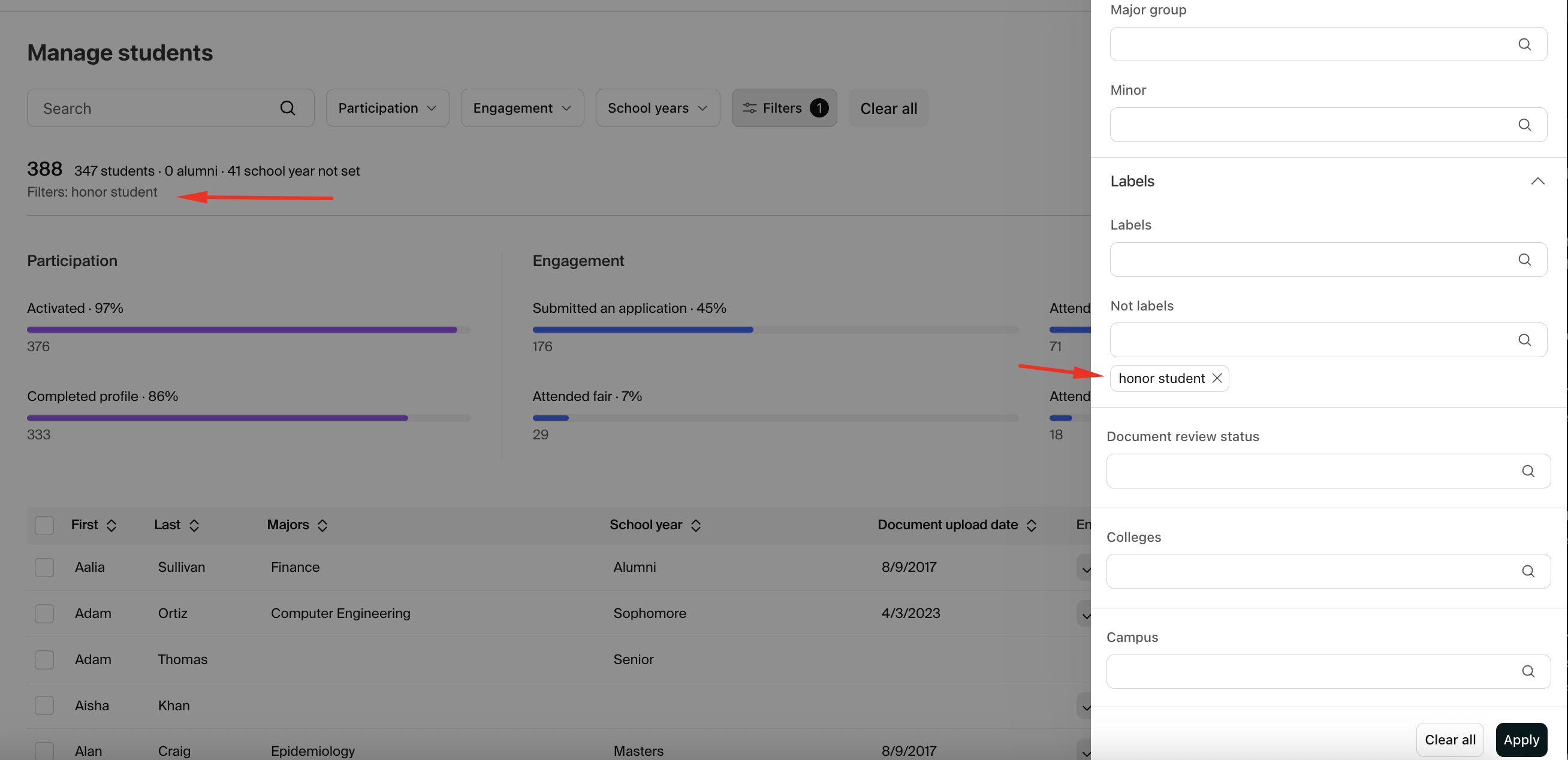 Example of not labels being applied to the Manage students page.png