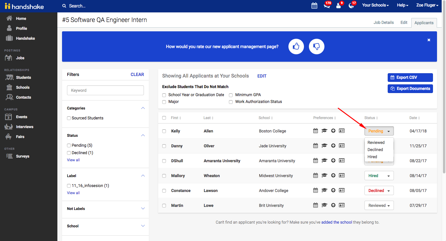 Managing Applicant Status - Handshake Help Center