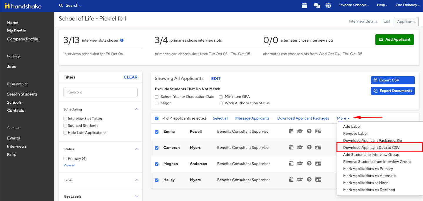 How To Download The Applicants For An Interview Schedule Handshake Help Center