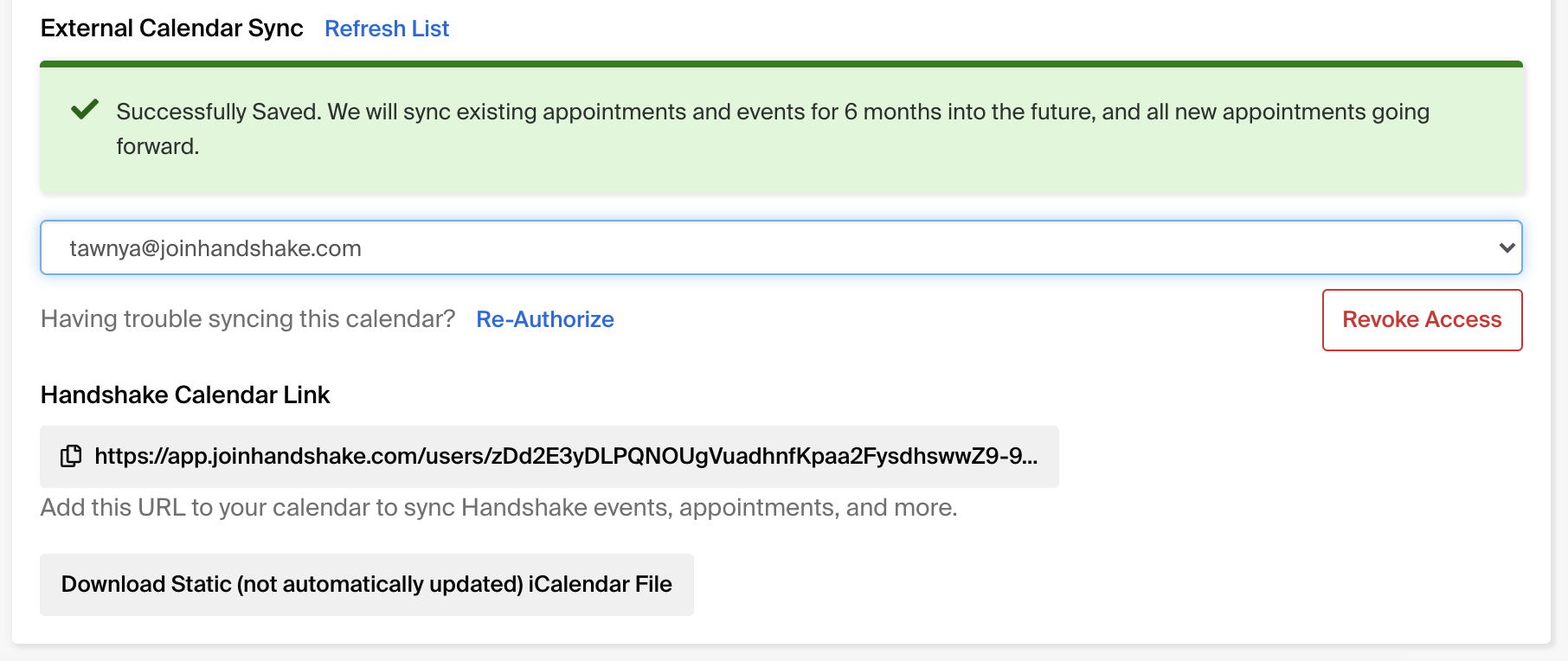 Career Services User Settings TwoWay Calendar Sync Handshake Help