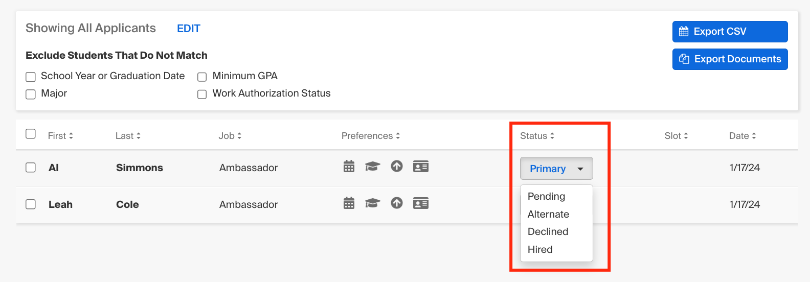 Status dropdown in the candidate table.png
