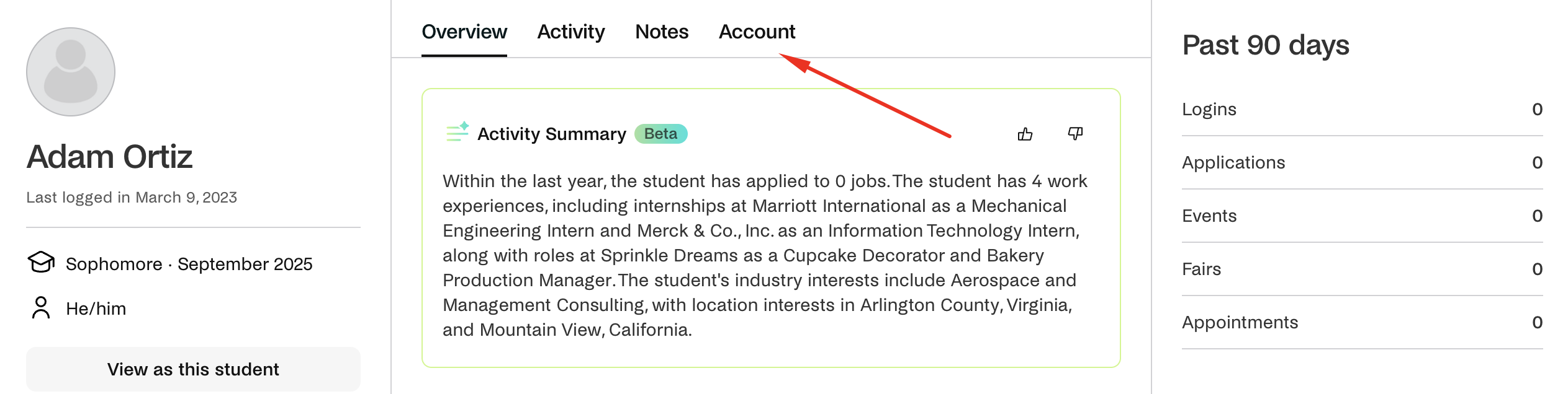 Account button on student profile page.png