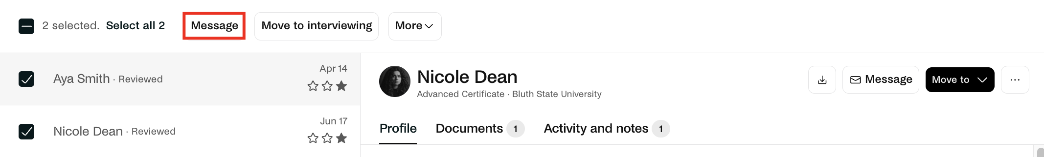 Message button above applicant list.png
