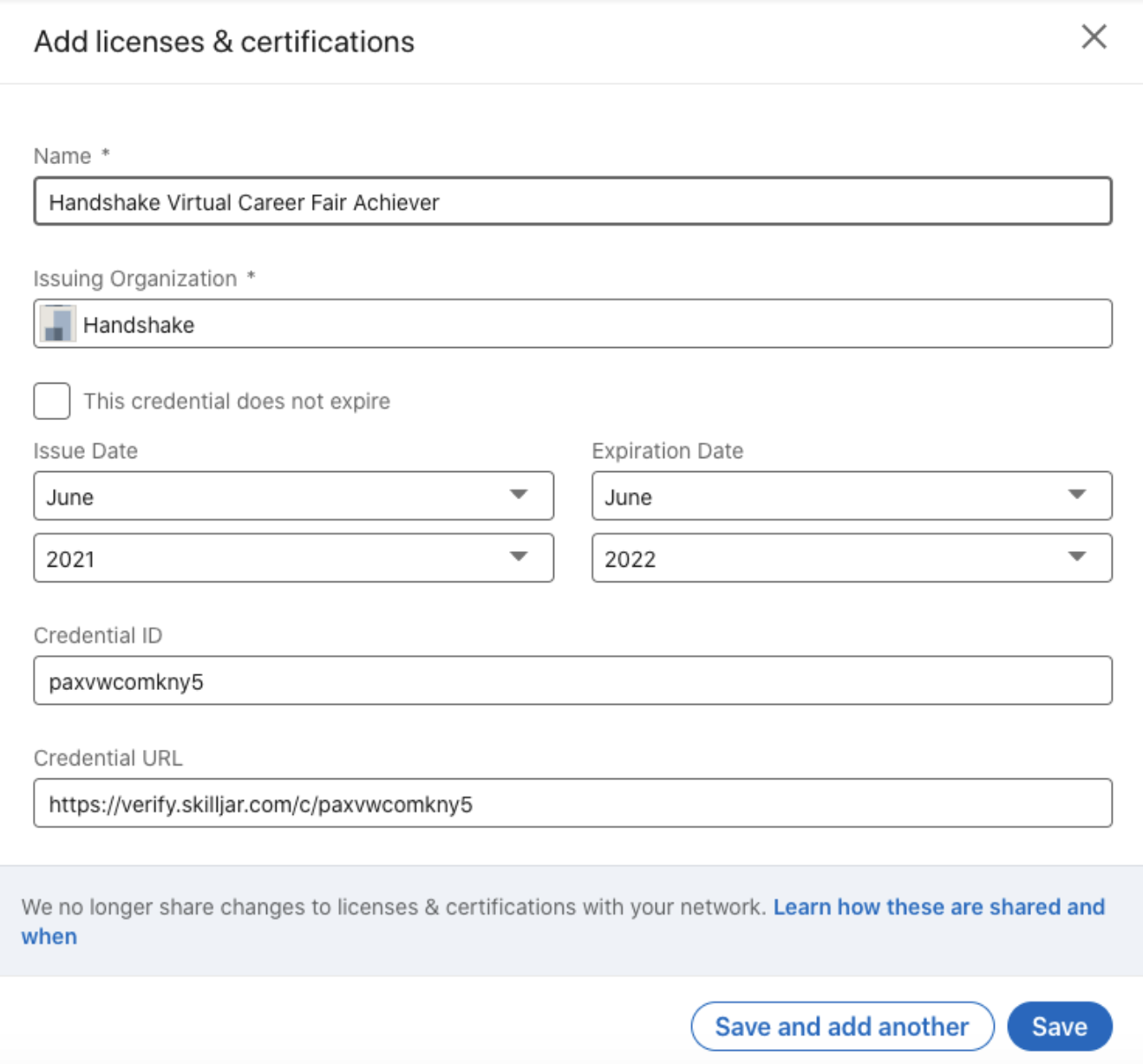 example of linkedin popup to add certification