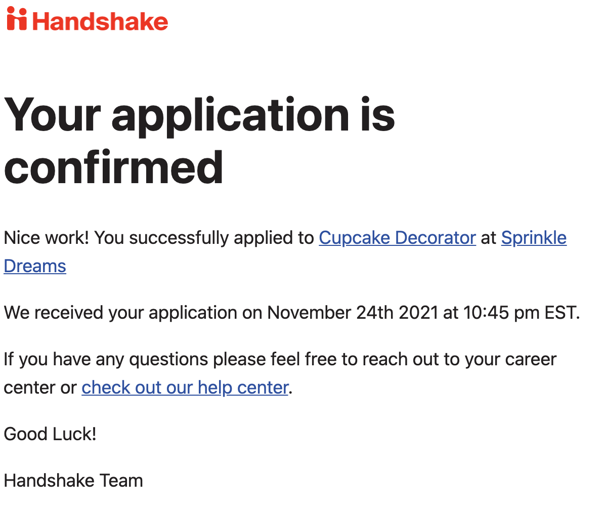 Application Submitted Email Confirmation Handshake Help Center