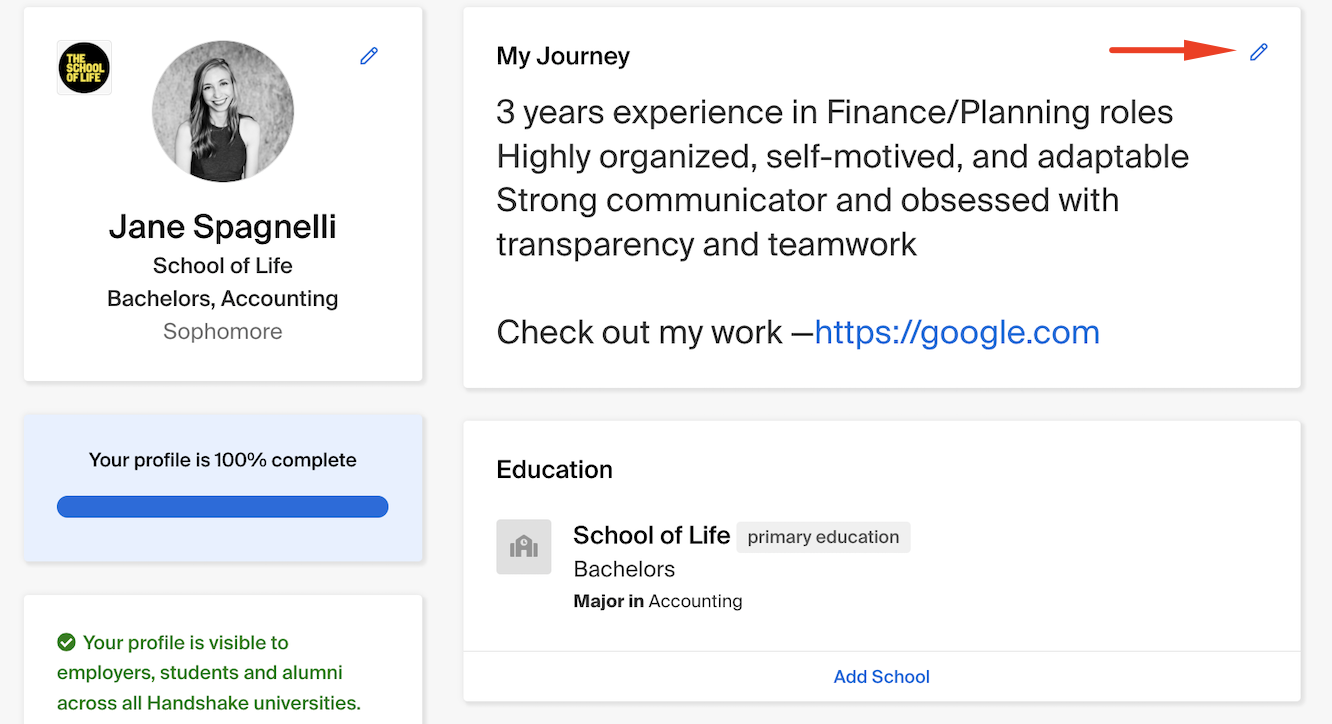 Bio/My Journey im Profil bearbeiten – Handshake Help Center